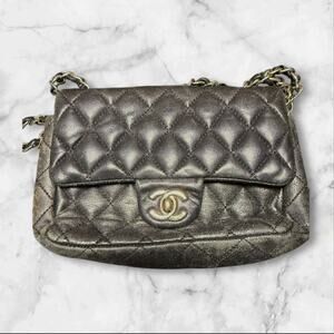 CHANEL Quilted Mini Flap Bag, Metallic Charocoal Leather, Silver-Tone Hardware.